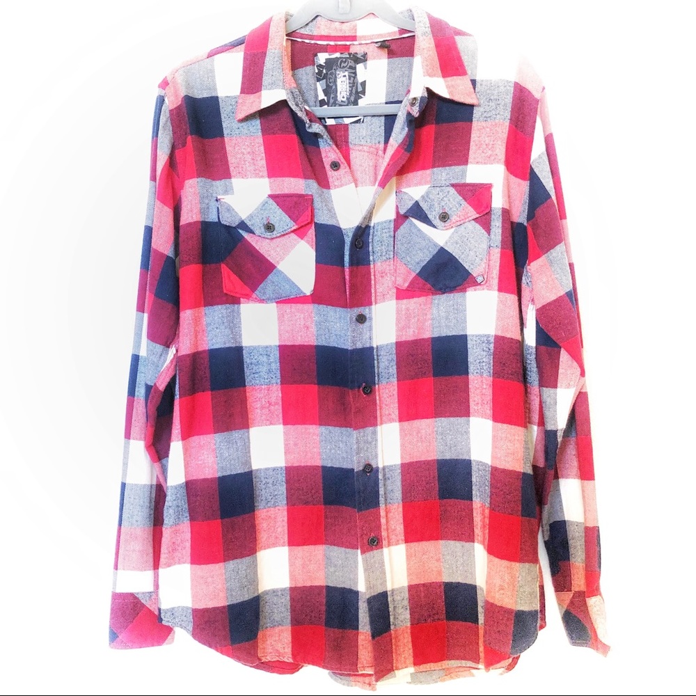 Ocean Current Flannel Plaid Long Sleeve Red Small